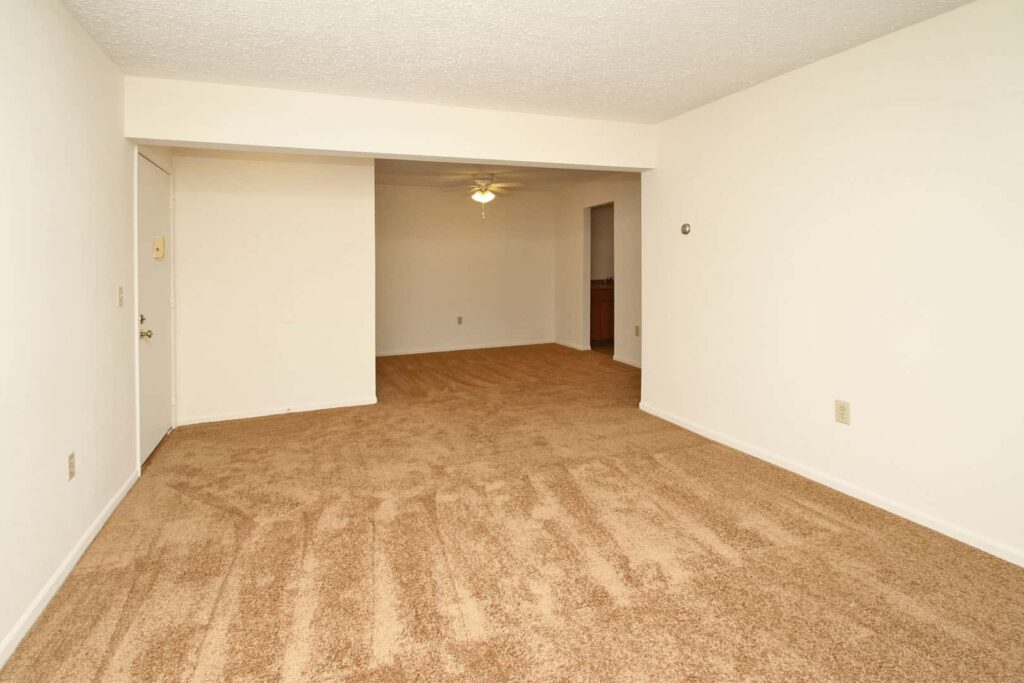 Spacious living room with comfortable couch and coffee table